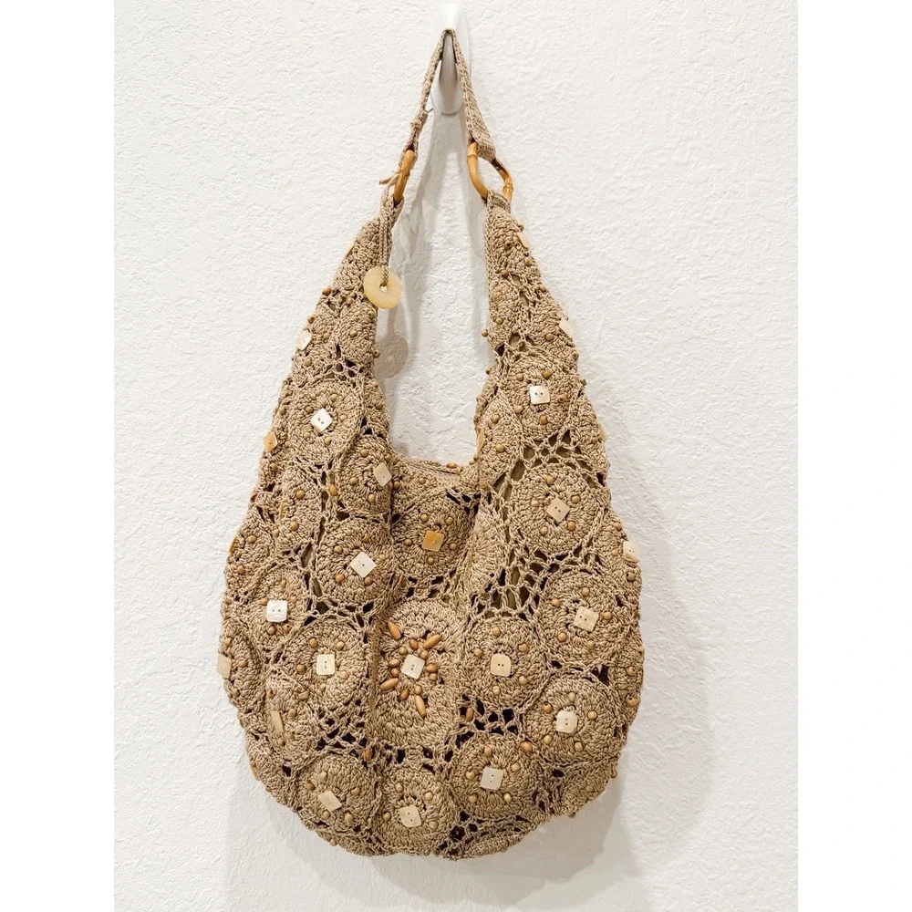Vintage The Sak Crochet Hobo Bag Y2K Boho Wood Bead Shell Shoulder Purse Slouchy